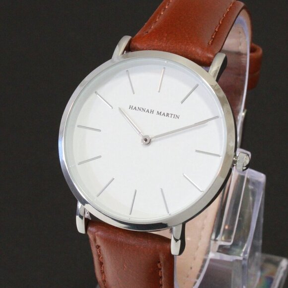 Men's Classic Minimalist 2 Hand Quartz Watch Raised Indices Brown Strap 36mm - Picture 7 of 12